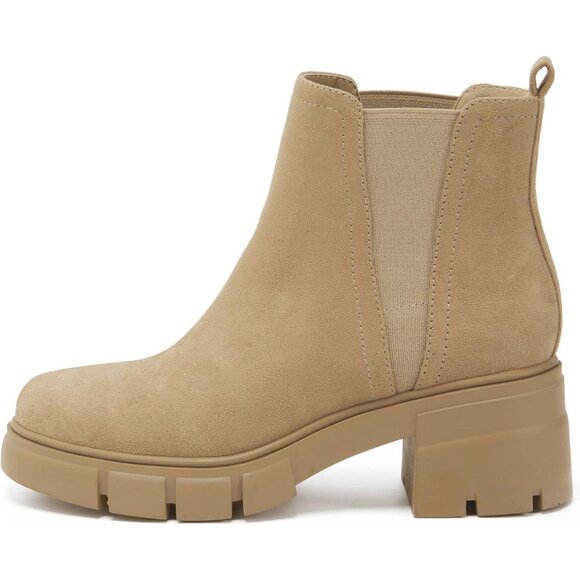 Women's Tan Suede Chelsea Boot Elastic Chunky Block Heel Platform Lug Sole Ankle - Picture 2 of 7